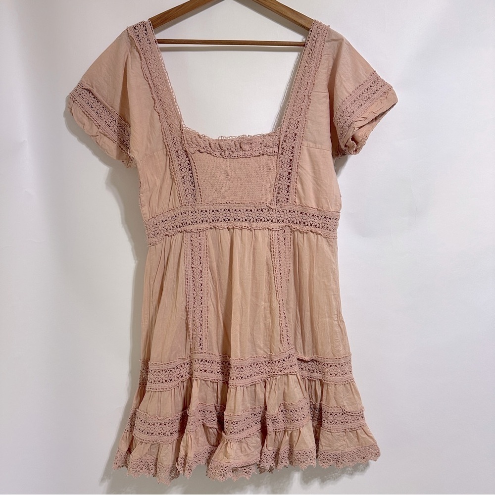 VS Dusty Rose pink Eyelet Puffy Sleeve Babydoll boho crochet lace Dress Sz 14 - Picture 3 of 6